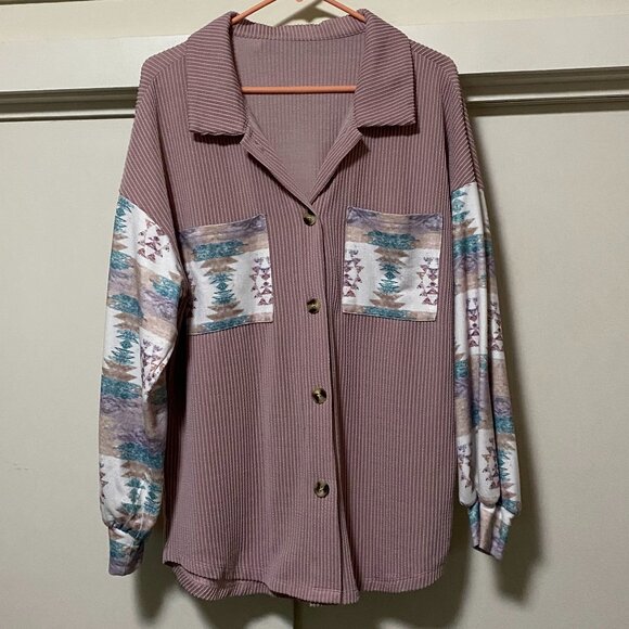 Mauve button-down shirt w/Indian design partial sleeves & pockets, size L - Picture 1 of 9